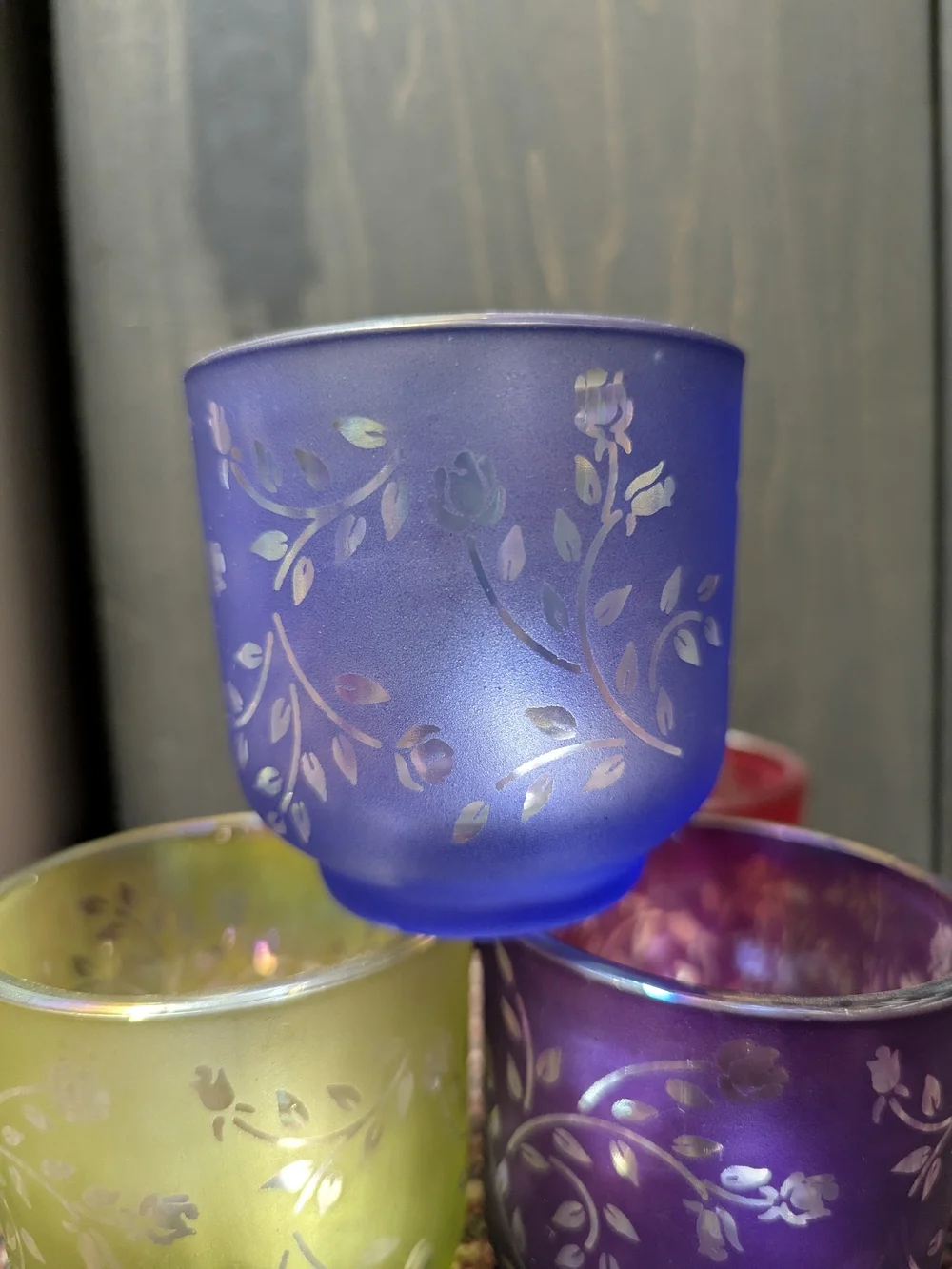 Vintage Floral Frosted Glass Votive Set - Yellow, Purple, Blue, Red